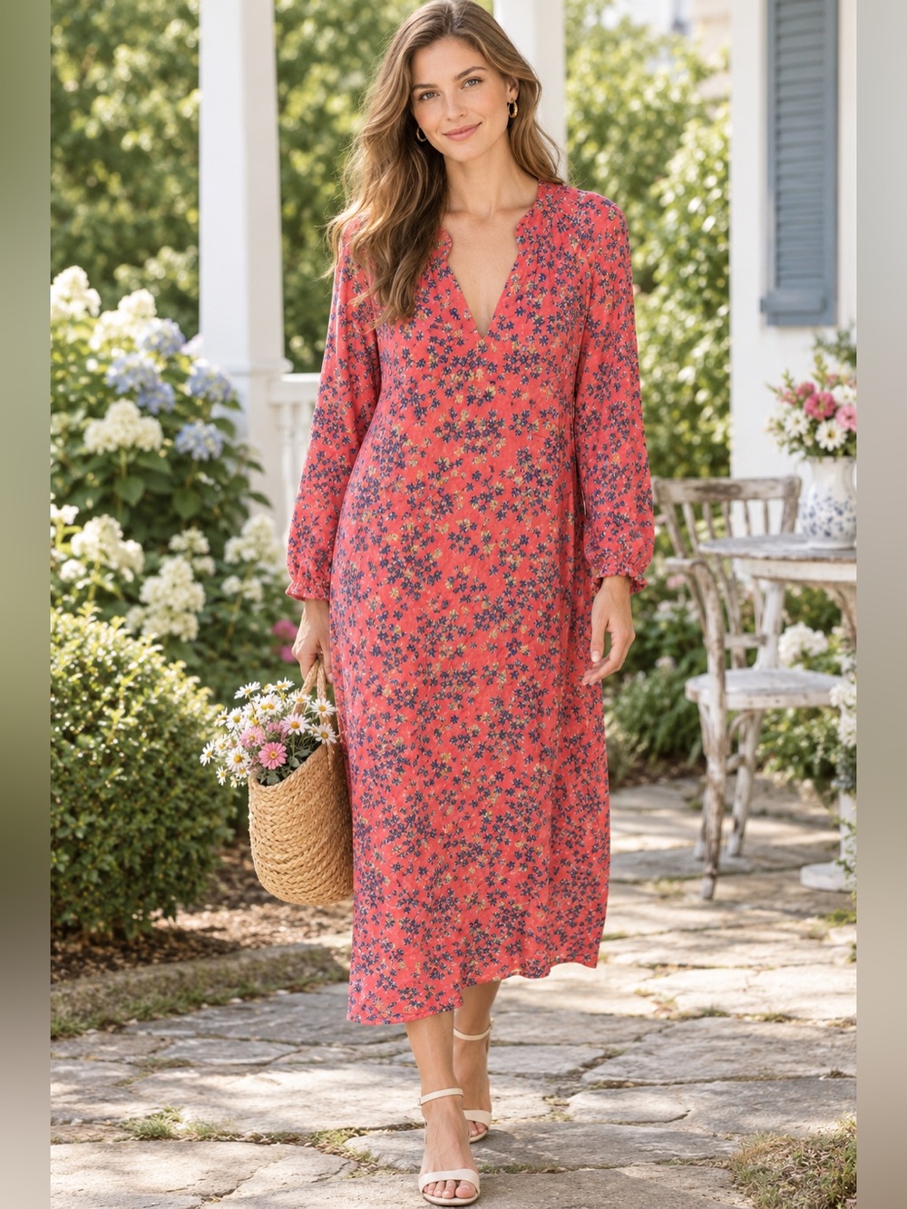 Draper James RSVP Modest V- Neck Coral Pink Ditsy Floral Shift Dress Cottagecore